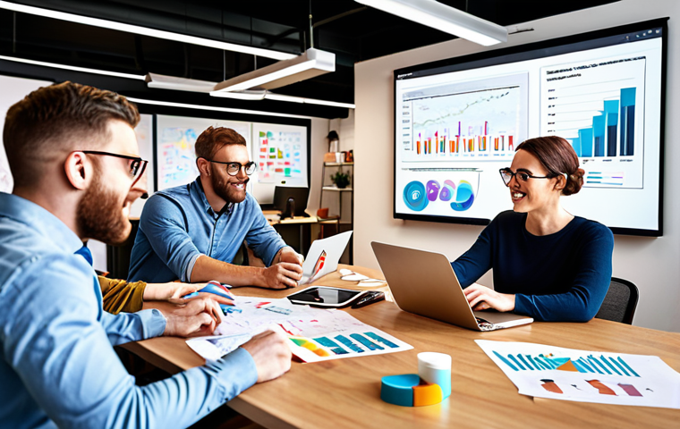 **

A vibrant, modern office scene. Diverse team of advertising professionals brainstorming around a table covered in sketches and data printouts.  A large screen displays analytics dashboards.  Focus on teamwork, creative energy, and data-driven strategy.  Style: Bright, optimistic, slightly stylized. Keywords: digital marketing, advertising agency, collaboration, data analysis, creative, teamwork.

**