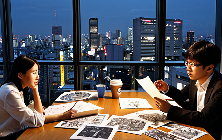 **

"Busy advertising agency office at night. Creative team brainstorming around a table littered with sketches and coffee cups. Agency representative passionately discussing ideas with a designer, both energetic. Tokyo cityscape visible through the window, emphasizing the late hours."

**