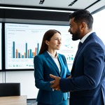 A professional male and female business executive, both fully clothed in modest business suits, stand together in a modern, well-lit meeting room. They are looking at a large interactive digital display showing intricate data visualizations, charts, and graphs representing digital advertising performance and customer insights. The atmosphere is collaborative and focused, highlighting a data-driven strategy. The background is a blurred cityscape through a large window, symbolizing global reach and market trends. professional dress, safe for work, appropriate content, perfect anatomy, correct proportions, natural pose, well-formed hands, proper finger count, natural body proportions, high-quality, professional photography.