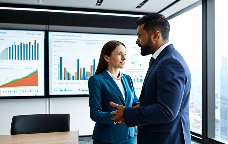 A professional male and female business executive, both fully clothed in modest business suits, stand together in a modern, well-lit meeting room. They are looking at a large interactive digital display showing intricate data visualizations, charts, and graphs representing digital advertising performance and customer insights. The atmosphere is collaborative and focused, highlighting a data-driven strategy. The background is a blurred cityscape through a large window, symbolizing global reach and market trends. professional dress, safe for work, appropriate content, perfect anatomy, correct proportions, natural pose, well-formed hands, proper finger count, natural body proportions, high-quality, professional photography.