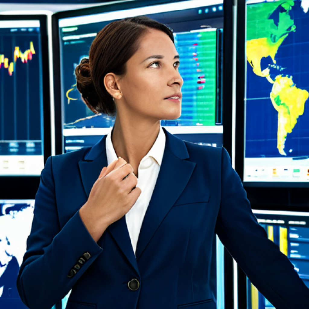 A professional female strategist in a modest, modern business suit stands in a high-tech global advertising command center. Behind her, large digital screens display intricate data visualizations, global market trends, and live campaign performance dashboards. She is focused, interacting with a transparent touchscreen that projects dynamic charts and analytics. The lighting is clean and bright, emphasizing an innovative atmosphere. safe for work, appropriate content, fully clothed, professional dress, perfect anatomy, correct proportions, natural pose, well-formed hands, natural body proportions, professional photography, high resolution.