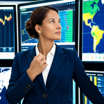 A professional female strategist in a modest, modern business suit stands in a high-tech global advertising command center. Behind her, large digital screens display intricate data visualizations, global market trends, and live campaign performance dashboards. She is focused, interacting with a transparent touchscreen that projects dynamic charts and analytics. The lighting is clean and bright, emphasizing an innovative atmosphere. safe for work, appropriate content, fully clothed, professional dress, perfect anatomy, correct proportions, natural pose, well-formed hands, natural body proportions, professional photography, high resolution.