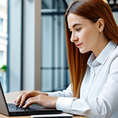 A professional copywriter, fully clothed in a modest, contemporary business outfit, deeply focused and thoughtful as they write creative content on a sleek laptop in a bright, modern co-working space. Their expression conveys a sense of inspired concentration and empathy. The background shows blurred elements of a collaborative office environment. Perfect anatomy, correct proportions, natural pose, well-formed hands, proper finger count, natural body proportions. Professional photography, high quality, safe for work, appropriate content, family-friendly.