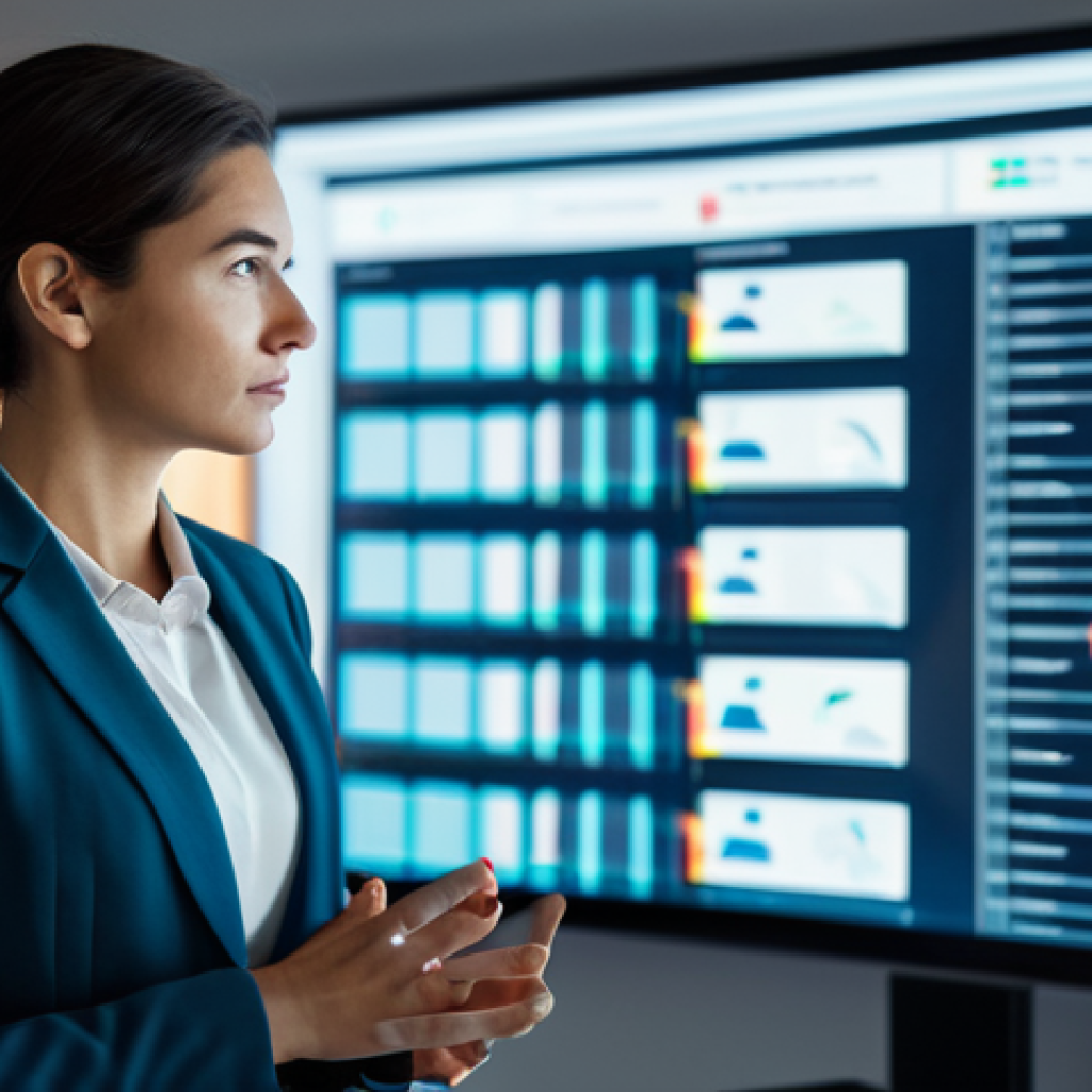 A professional female marketing strategist in a modest business suit stands confidently in a sleek, modern office. She is interacting with a large holographic display showing complex data visualizations and AI-generated creative concepts. Her expression is thoughtful and focused, demonstrating the integration of technology and human insight. The background features blurred office equipment and warm ambient lighting. Fully clothed, appropriate attire, professional dress, safe for work, perfect anatomy, correct proportions, natural pose, well-formed hands, proper finger count, natural body proportions, professional photography, high quality.