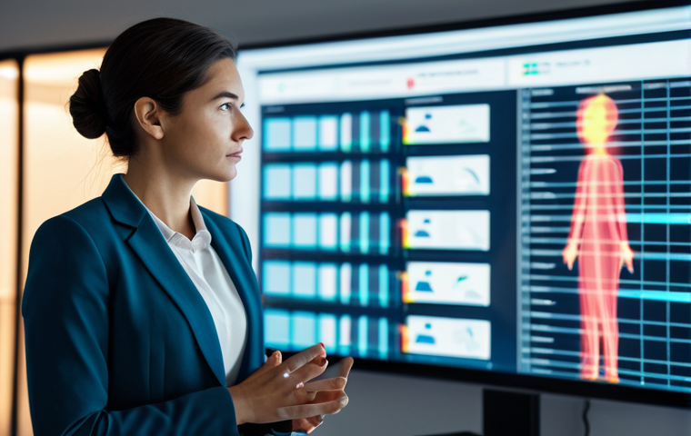 A professional female marketing strategist in a modest business suit stands confidently in a sleek, modern office. She is interacting with a large holographic display showing complex data visualizations and AI-generated creative concepts. Her expression is thoughtful and focused, demonstrating the integration of technology and human insight. The background features blurred office equipment and warm ambient lighting. Fully clothed, appropriate attire, professional dress, safe for work, perfect anatomy, correct proportions, natural pose, well-formed hands, proper finger count, natural body proportions, professional photography, high quality.