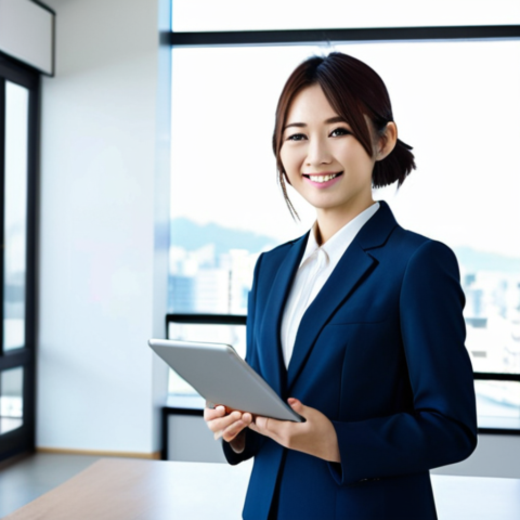 **

A young Japanese woman, late 20s, wearing a stylish, modest business suit, standing confidently in a modern, bright office. She's smiling slightly, holding a tablet displaying data charts. Background includes a blurred cityscape view through a large window. "Safe for work," "appropriate content," "fully clothed," "professional attire," "perfect anatomy," "natural proportions," "high quality," "professional photography," "modern Japanese office setting," "confident businesswoman," "digital marketing concept."

**