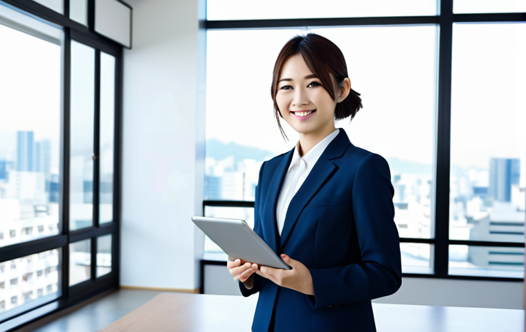 **

A young Japanese woman, late 20s, wearing a stylish, modest business suit, standing confidently in a modern, bright office. She's smiling slightly, holding a tablet displaying data charts. Background includes a blurred cityscape view through a large window. "Safe for work," "appropriate content," "fully clothed," "professional attire," "perfect anatomy," "natural proportions," "high quality," "professional photography," "modern Japanese office setting," "confident businesswoman," "digital marketing concept."

**