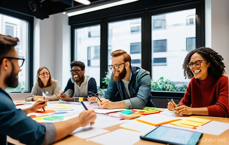 광고홍보사와 광고 아이디어 워크숍 - **Prompt:** A vibrant and dynamic "Idea Workshop" in a modern, open-plan studio space, designed like...