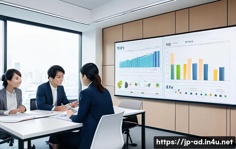 광고홍보사와 광고 콘텐츠 분석 - A modern Japanese office scene showing a diverse marketing team collaborating closely in a bright, s...