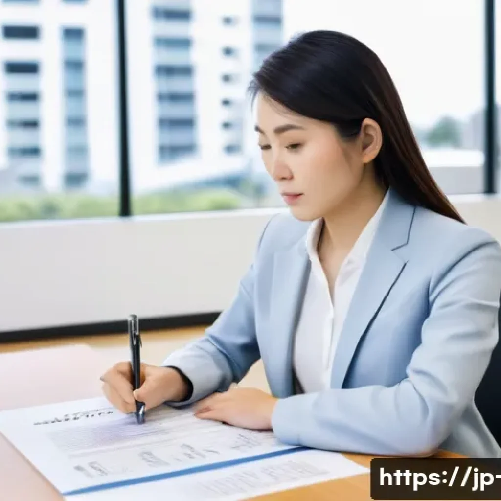 광고홍보사 경력직 이직 팁 - A confident Japanese businesswoman in her early 30s, dressed in professional attire with a neat blaz...