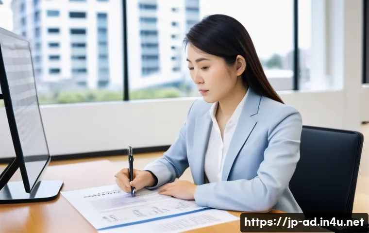 광고홍보사 경력직 이직 팁 - A confident Japanese businesswoman in her early 30s, dressed in professional attire with a neat blaz...