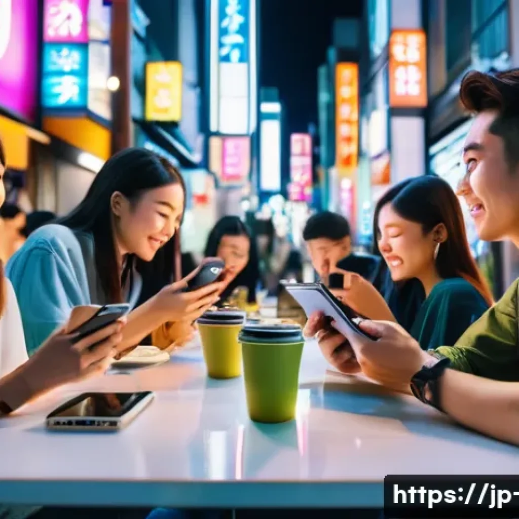 광고홍보사와 디지털 마케팅 채널 분석 - A vibrant social media advertising scene targeting Japanese youth, featuring a diverse group of youn...