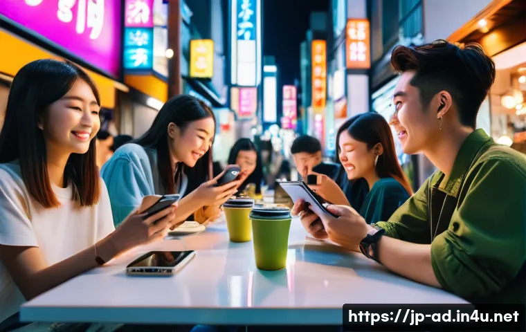 광고홍보사와 디지털 마케팅 채널 분석 - A vibrant social media advertising scene targeting Japanese youth, featuring a diverse group of youn...