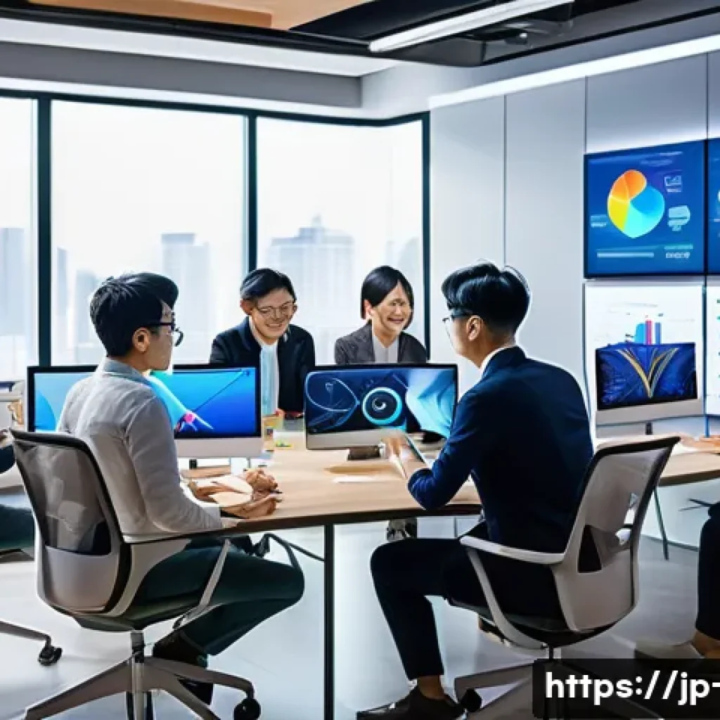 광고홍보사와 광고 사례 벤치마킹 - A vibrant digital marketing office scene featuring a diverse team of Japanese professionals collabor...