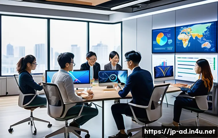광고홍보사와 광고 사례 벤치마킹 - A vibrant digital marketing office scene featuring a diverse team of Japanese professionals collabor...