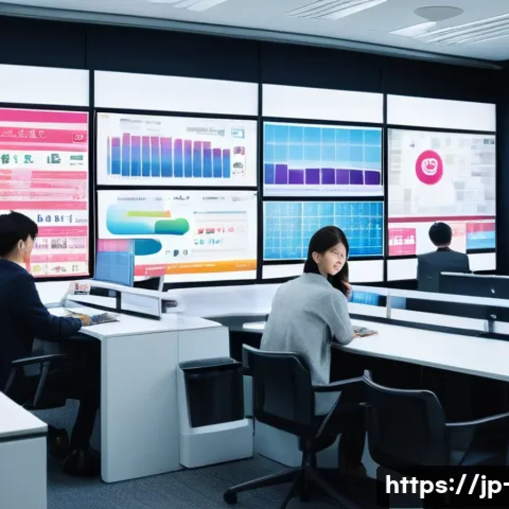 광고홍보사와 광고 캠페인 모니터링 - A modern advertising agency office scene in Tokyo, showcasing a diverse team of young Japanese profe...