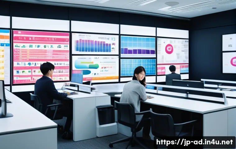 광고홍보사와 광고 캠페인 모니터링 - A modern advertising agency office scene in Tokyo, showcasing a diverse team of young Japanese profe...