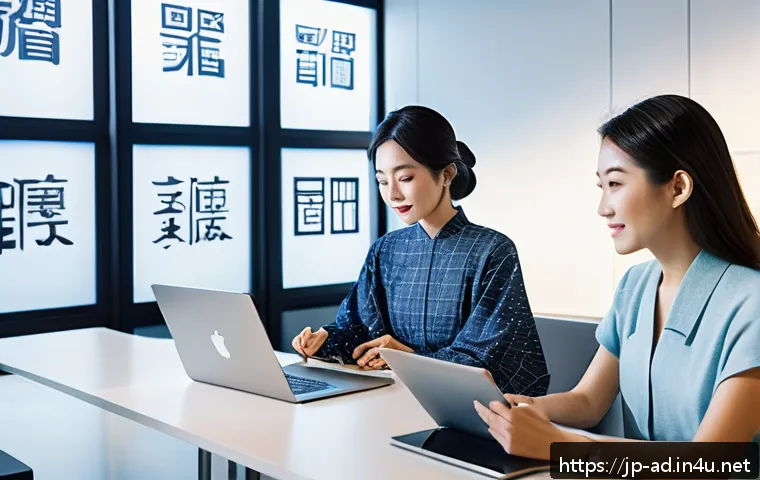 광고홍보사와 광고 제작 팀워크 - A modern Japanese creative team in a bright, sleek office space collaborating on a digital advertisi...