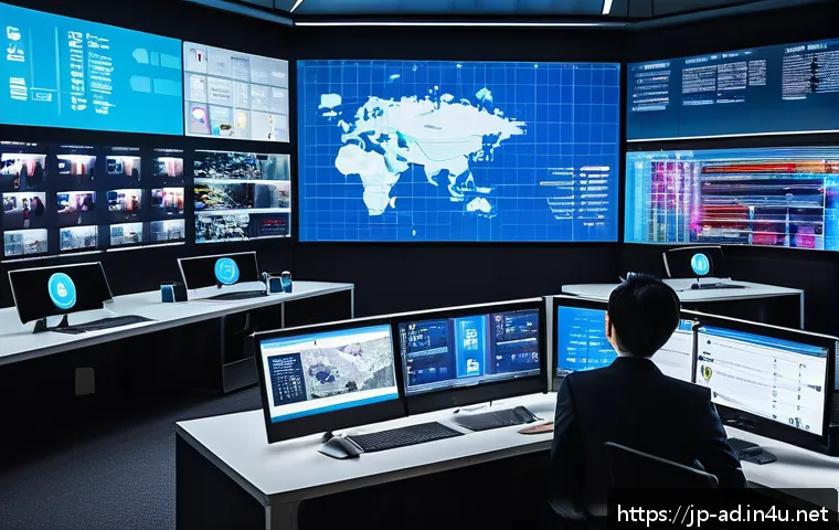 광고홍보사와 혁신적인 미디어 광고 사례 - A futuristic digital marketing control room bustling with activity, featuring large transparent scre...