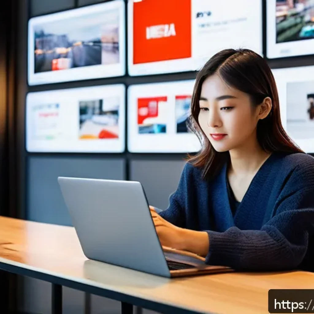 광고홍보사와 크로스 플랫폼 광고 사례 - A vibrant marketing scene showing a young Japanese woman using multiple devices—smartphone, tablet, ...