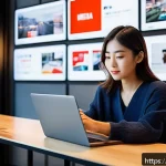 광고홍보사와 크로스 플랫폼 광고 사례 - A vibrant marketing scene showing a young Japanese woman using multiple devices—smartphone, tablet, ...