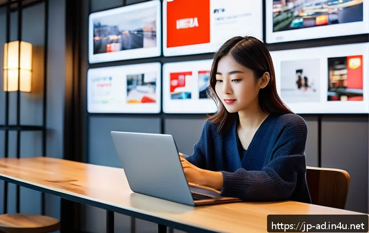 광고홍보사와 크로스 플랫폼 광고 사례 - A vibrant marketing scene showing a young Japanese woman using multiple devices—smartphone, tablet, ...