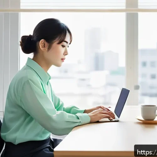 광고홍보사 업무 스트레스 관리법 - A modern Japanese office worker in their late 20s, sitting at a clean desk in a bright, minimalistic...