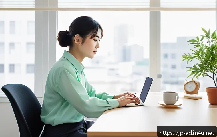 광고홍보사 업무 스트레스 관리법 - A modern Japanese office worker in their late 20s, sitting at a clean desk in a bright, minimalistic...