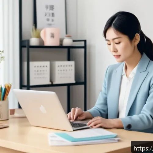 광고홍보사와 온라인 광고 효과 분석 - A modern Japanese office scene featuring a focused woman in her 30s balancing work and childcare con...