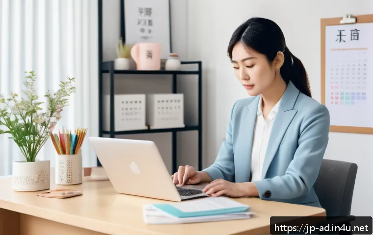 광고홍보사와 온라인 광고 효과 분석 - A modern Japanese office scene featuring a focused woman in her 30s balancing work and childcare con...