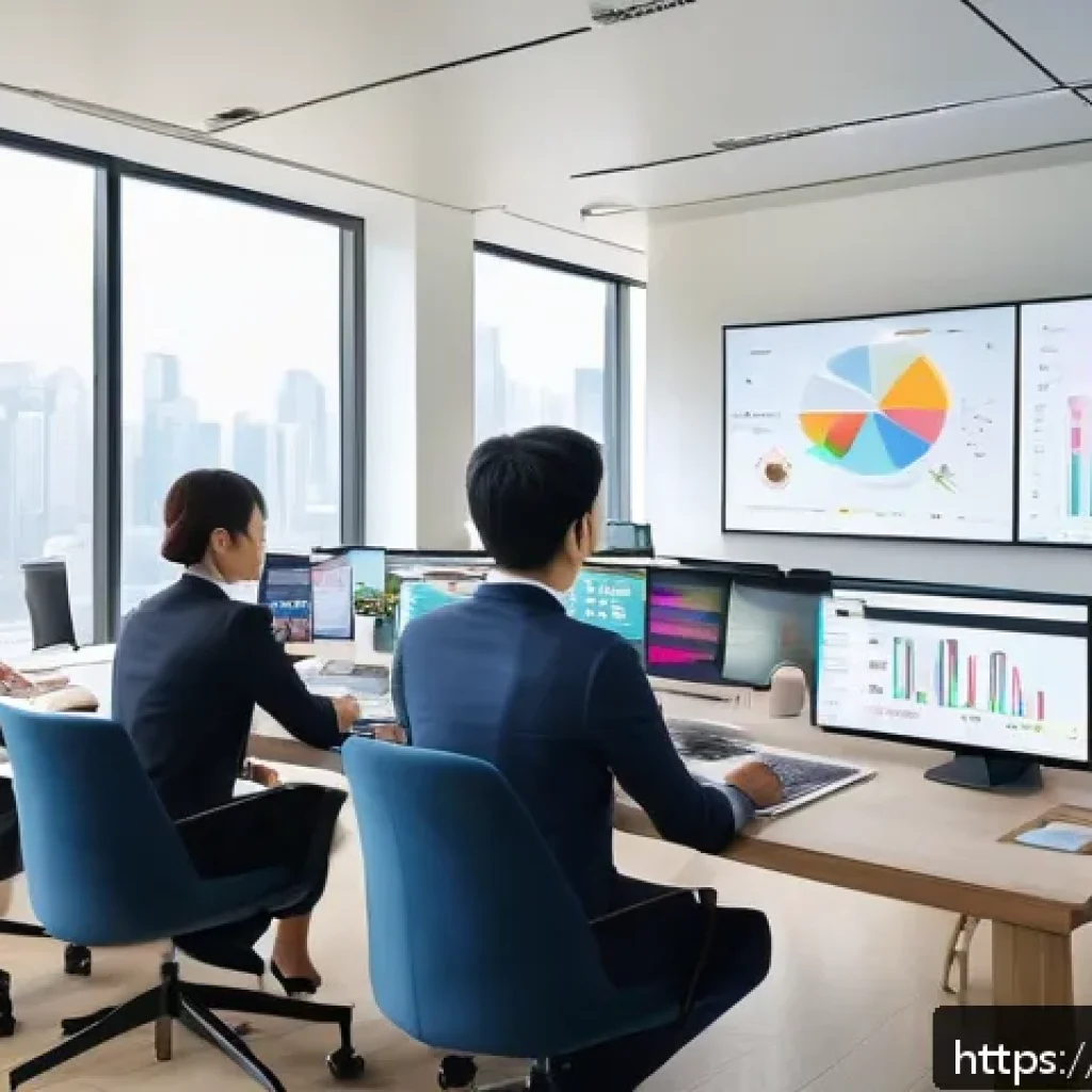 광고홍보사와 초보자를 위한 가이드 - A modern office scene showing a diverse Japanese advertising team collaborating around a large digit...