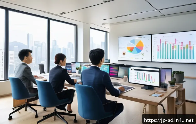 광고홍보사와 초보자를 위한 가이드 - A modern office scene showing a diverse Japanese advertising team collaborating around a large digit...