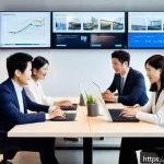 광고홍보사 브랜딩 사례 연구 - A modern Japanese office scene with a diverse marketing team collaborating around a sleek table, dig...