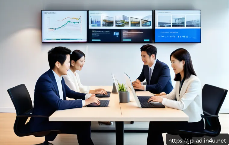 광고홍보사 브랜딩 사례 연구 - A modern Japanese office scene with a diverse marketing team collaborating around a sleek table, dig...