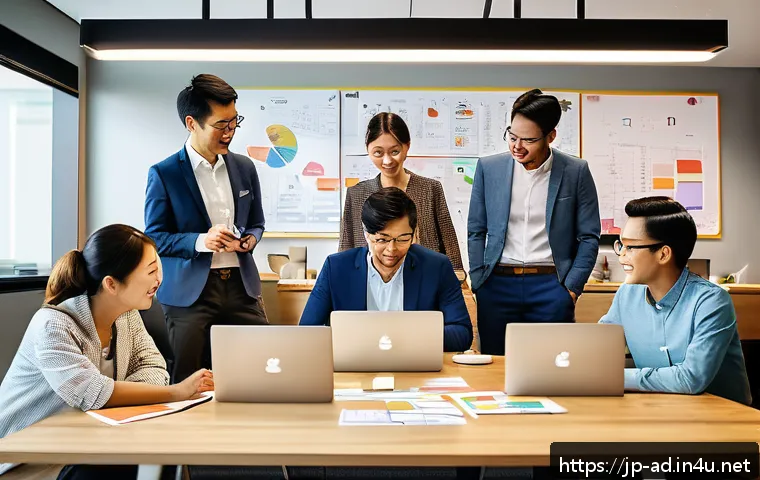 광고홍보사와 감성 광고의 성공 요소 - A modern digital marketing office scene showing a diverse creative team collaborating enthusiastical...