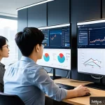 광고홍보사와 비즈니스 광고 캠페인 - A modern digital marketing office scene featuring a diverse Japanese team analyzing real-time data o...