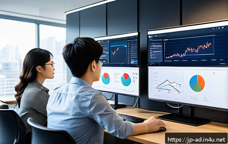 광고홍보사와 비즈니스 광고 캠페인 - A modern digital marketing office scene featuring a diverse Japanese team analyzing real-time data o...