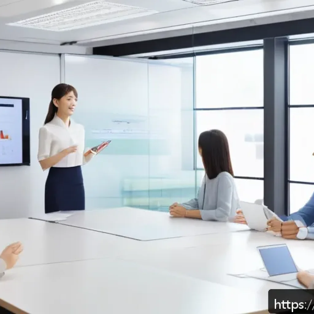 광고홍보사 연봉 협상 전략 - A modern Japanese office scene with a young professional woman wearing business casual attire, confi...