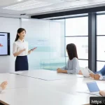 광고홍보사 연봉 협상 전략 - A modern Japanese office scene with a young professional woman wearing business casual attire, confi...