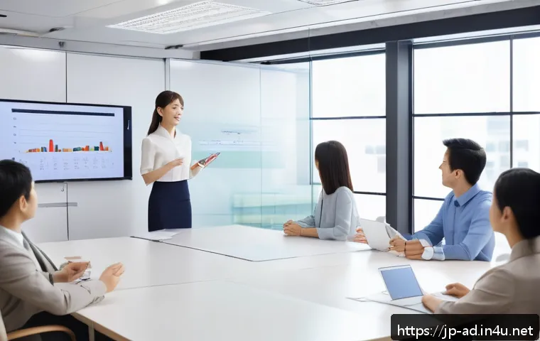 광고홍보사 연봉 협상 전략 - A modern Japanese office scene with a young professional woman wearing business casual attire, confi...