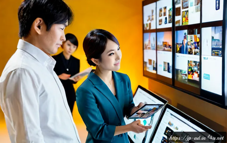 광고홍보사와 크로스미디어 광고 - Photorealistic Japanese advertising agency team in a modern Tokyo creative studio, three professiona...